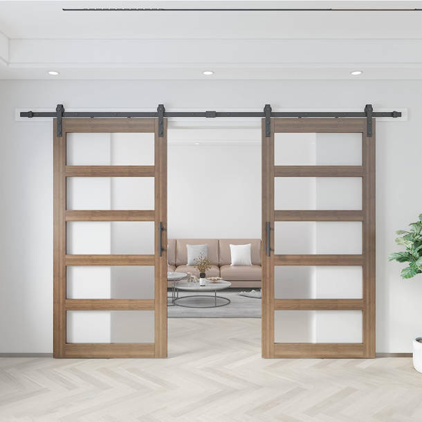 JUBEST Glass and Wood Double Barn Door with Installation Hardware Kit